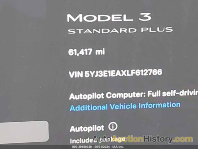 TESLA MODEL 3 STANDARD RANGE PLUS REAR-WHEEL DRIVE/STANDARD RANGE REAR-WHEEL DRIVE, 5YJ3E1EAXLF612766