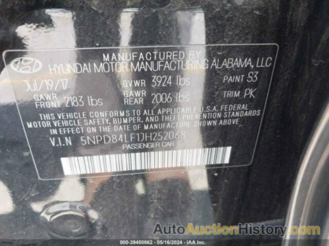 HYUNDAI ELANTRA SEL, 5NPD84LF1JH252068