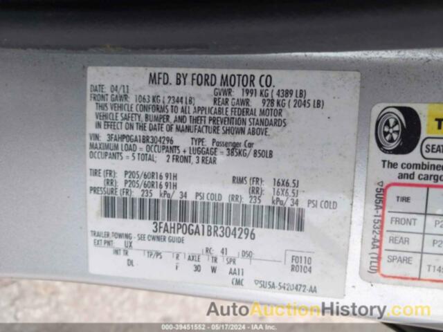 FORD FUSION S, 3FAHP0GA1BR304296