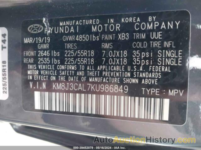 HYUNDAI TUCSON SEL, KM8J3CAL7KU986849