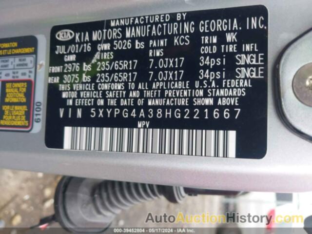 KIA SORENTO 2.4L L, 5XYPG4A38HG221667