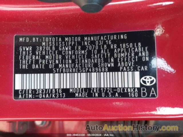 TOYOTA COROLLA L/LE/LE PLS/PRM/S/S PLS, 5YFBURHE5GP489688