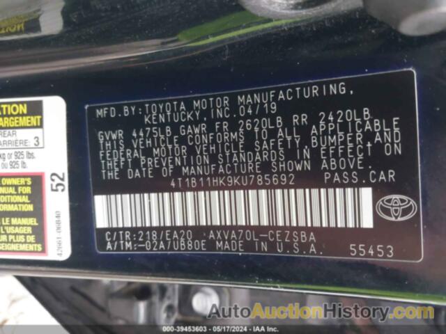 TOYOTA CAMRY SE, 4T1B11HK9KU785692