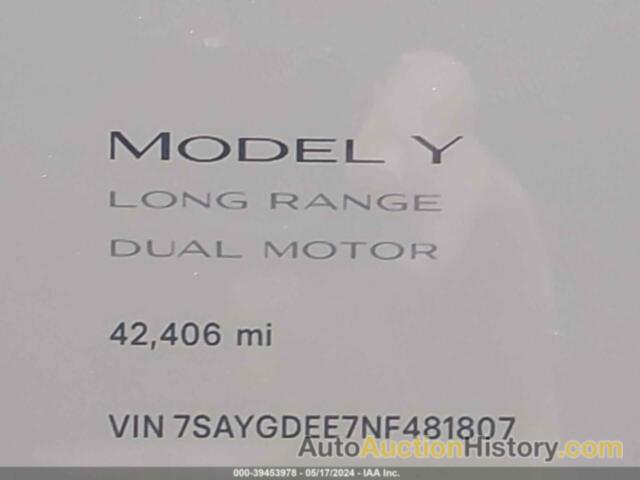 TESLA MODEL Y LONG RANGE DUAL MOTOR ALL-WHEEL DRIVE, 7SAYGDEE7NF481807