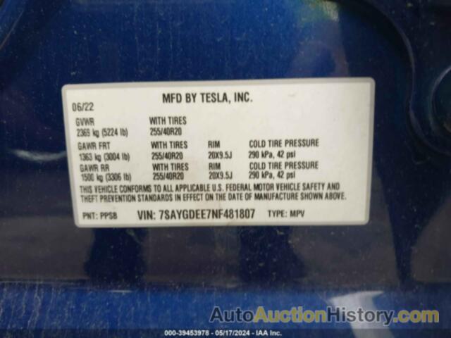 TESLA MODEL Y LONG RANGE DUAL MOTOR ALL-WHEEL DRIVE, 7SAYGDEE7NF481807