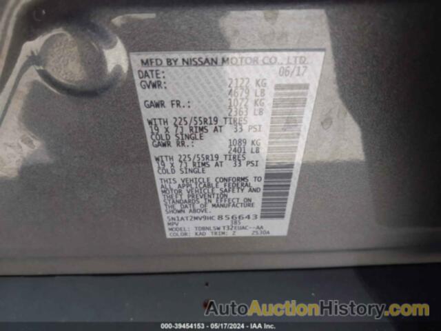 NISSAN ROGUE SL, 5N1AT2MV9HC856643