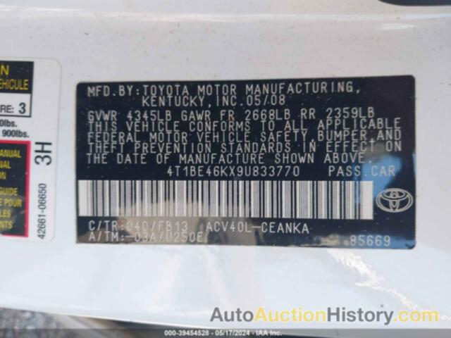 TOYOTA CAMRY, 4T1BE46KX9U833770