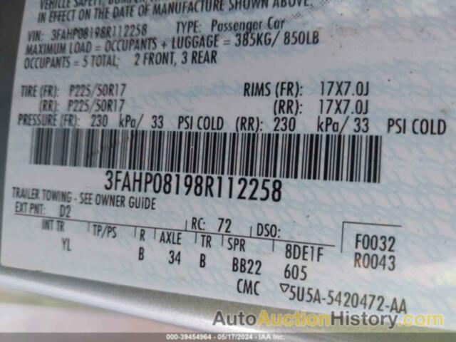 FORD FUSION SEL, 3FAHP08198R112258