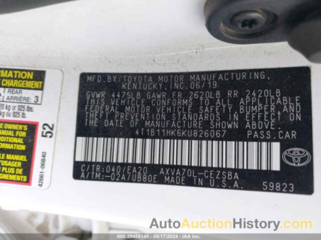 TOYOTA CAMRY L/LE/XLE/SE/XSE, 4T1B11HK6KU826067