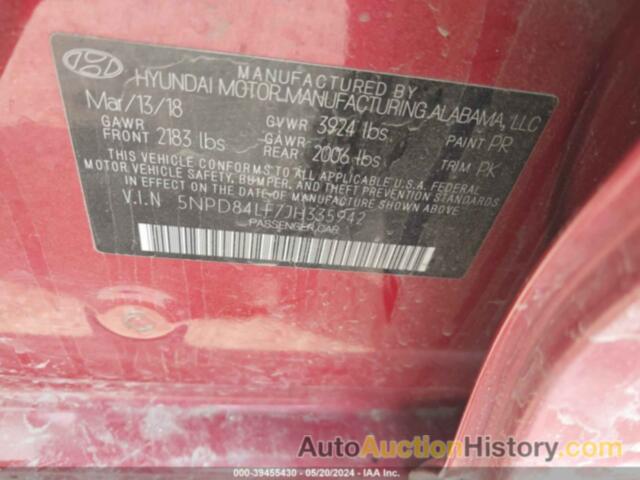 HYUNDAI ELANTRA SEL/VALUE/LIMITED, 5NPD84LF7JH335942