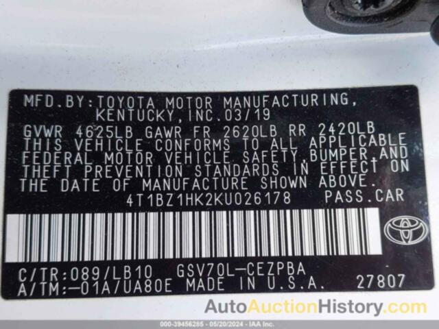 TOYOTA CAMRY XSE/XLE, 4T1BZ1HK2KU026178