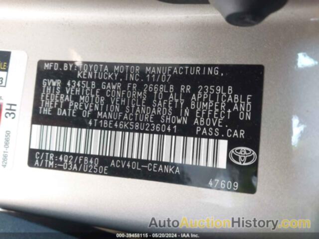 TOYOTA CAMRY LE, 4T1BE46K58U236041