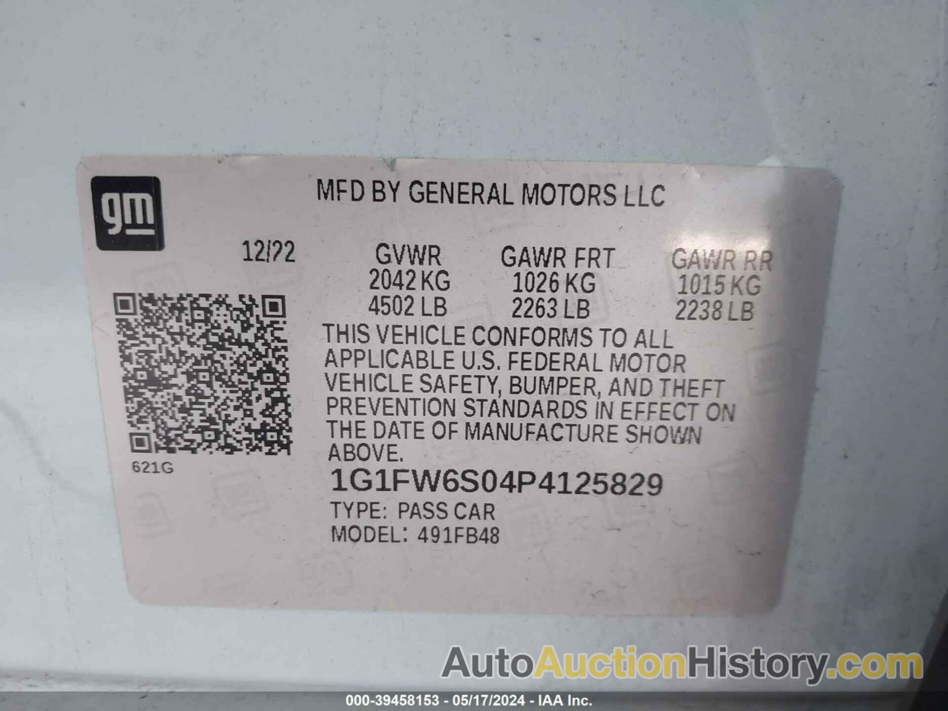 CHEVROLET BOLT EV FWD 1LT, 1G1FW6S04P4125829