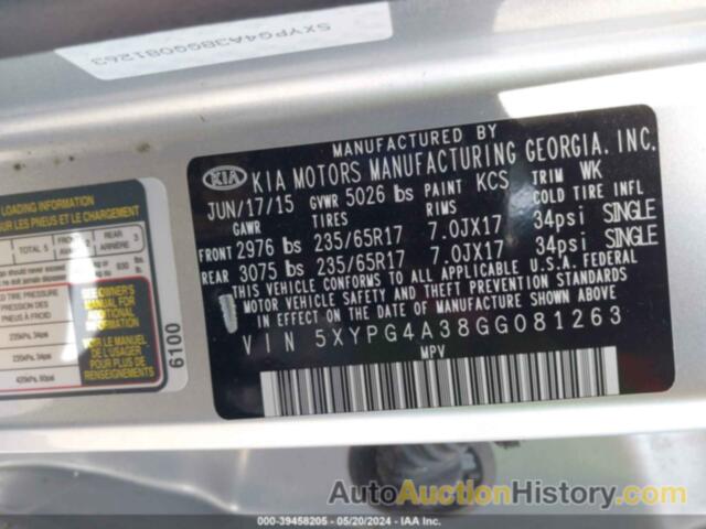 KIA SORENTO 2.4L L, 5XYPG4A38GG081263