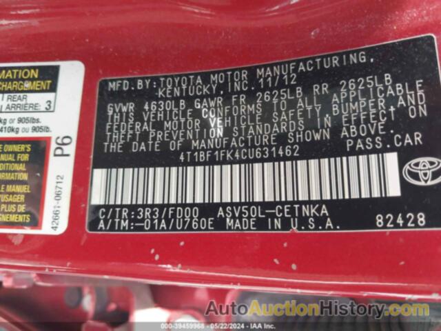 TOYOTA CAMRY SE/LE/XLE, 4T1BF1FK4CU631462