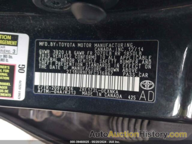 TOYOTA COROLLA L/LE/LE PLS/PRM/S/S PLS, 2T1BURHE9FC316867