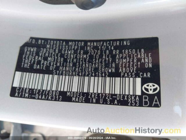 TOYOTA COROLLA L/LE/LE PLS/PRM/S/S PLS, 5YFBURHE4FP241642