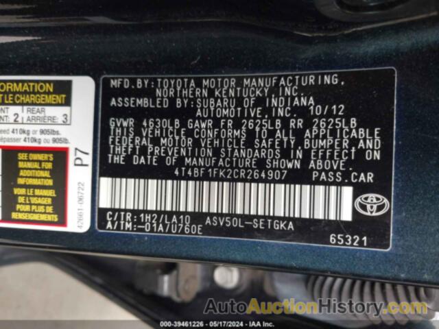 TOYOTA CAMRY XLE, 4T4BF1FK2CR264907