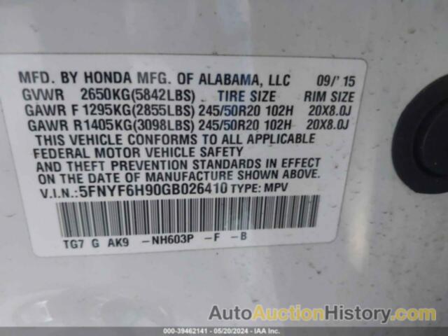 HONDA PILOT TOURING, 5FNYF6H90GB026410