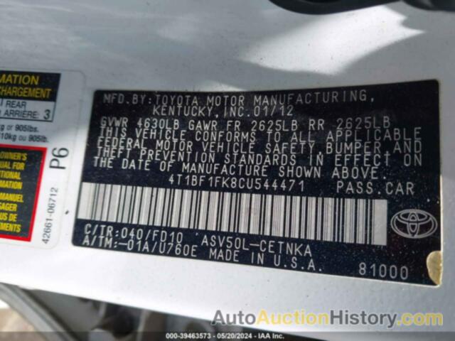 TOYOTA CAMRY SE/LE/XLE, 4T1BF1FK8CU544471