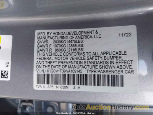 HONDA ACCORD SPORT, 1HGCV1F39NA109145