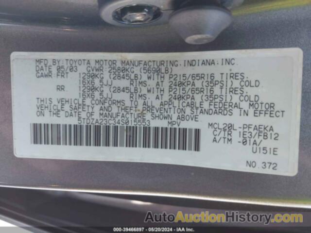 TOYOTA SIENNA LE, 5TDZA23C34S015553