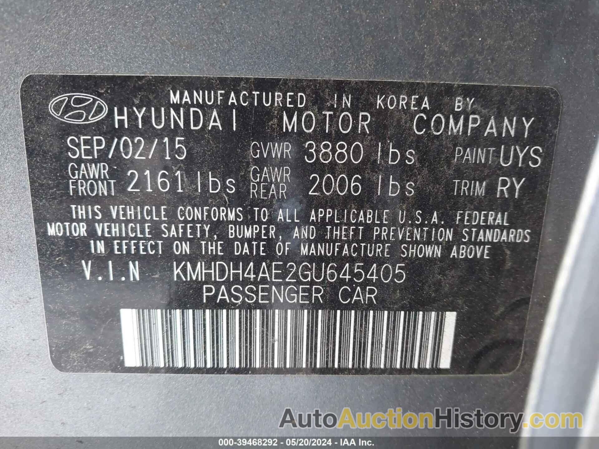 HYUNDAI ELANTRA VALUE EDITION, KMHDH4AE2GU645405