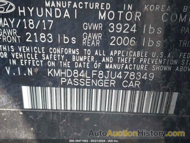 HYUNDAI ELANTRA SEL/VALUE/LIMITED, KMHD84LF8JU478349