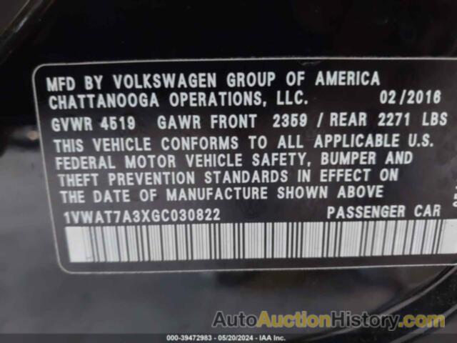 VOLKSWAGEN PASSAT 1.8T S, 1VWAT7A3XGC030822